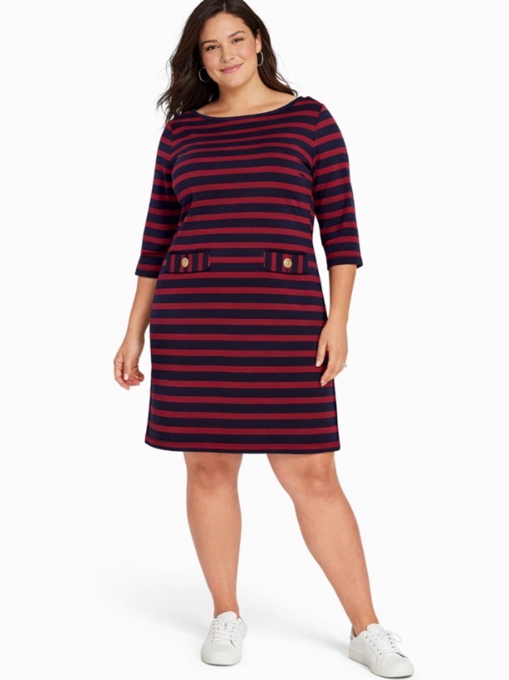 Talbots Burgundy Navy Striped Nautical Knit Dress Gold Button Pockets 1XP